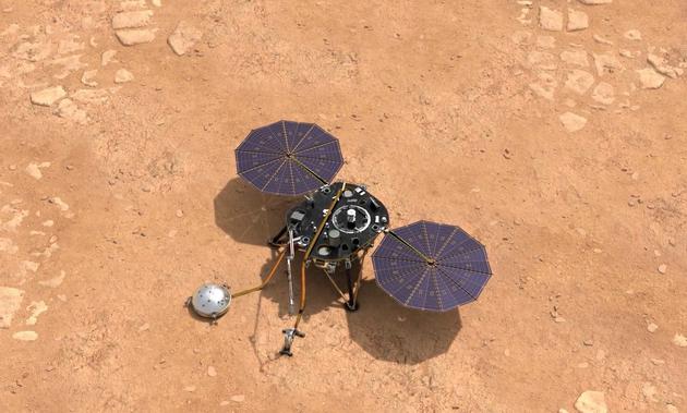 降落到火星地表的“洞察号”火星探测器示意图