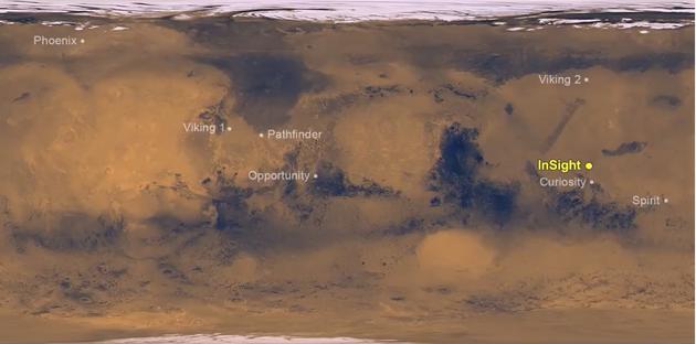 迄今全部8个成功的火星着陆器（漫游车）的位置，亮黄色为“洞察号”（Insight）